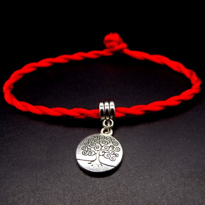 Bracelet red thread amulet against the evil eye with a pendant *The tree of Life* metal color: silver, size: universal 12-19cm