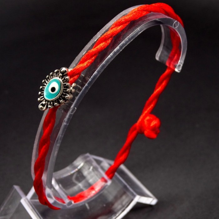 Bracelet red thread amulet against evil eye with pendant *Eye of Fatima* metal color: silver, size: universal 12-19cm