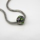 Euro Bead Charms Alloy + Rhinestones, Barrel, Color: Antique Silver, Rhinestone Color: Green, Size: 11x9mm, Hole: 5mm