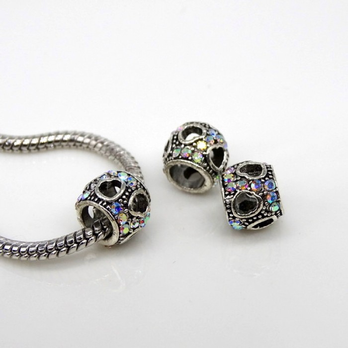 Euro Bead Charms Alloy + Rhinestones, Barrel, Colour: Antique Silver, Rhinestone Color: Crystal, Size: 10x8mm, Hole: 5mm