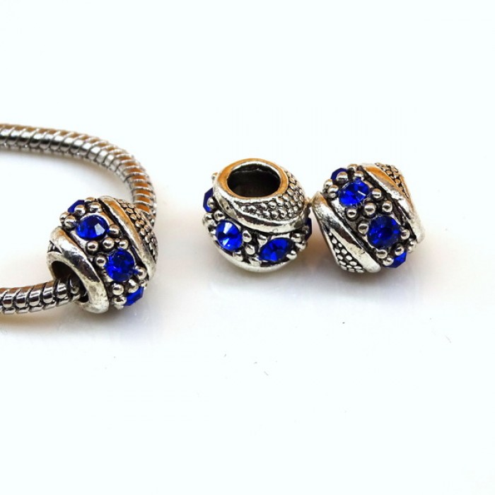 Euro Bead Charms Alloy + Rhinestones, Barrel, Colour: Antique Silver, Rhinestone Color: Blue, Size: 11x10mm, Hole: 5mm