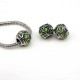 Euro Bead Charms Alloy + Rhinestones, Barrel, Color: Antique Silver, Rhinestone Color: Green, Size: 11x9mm, Hole: 5mm