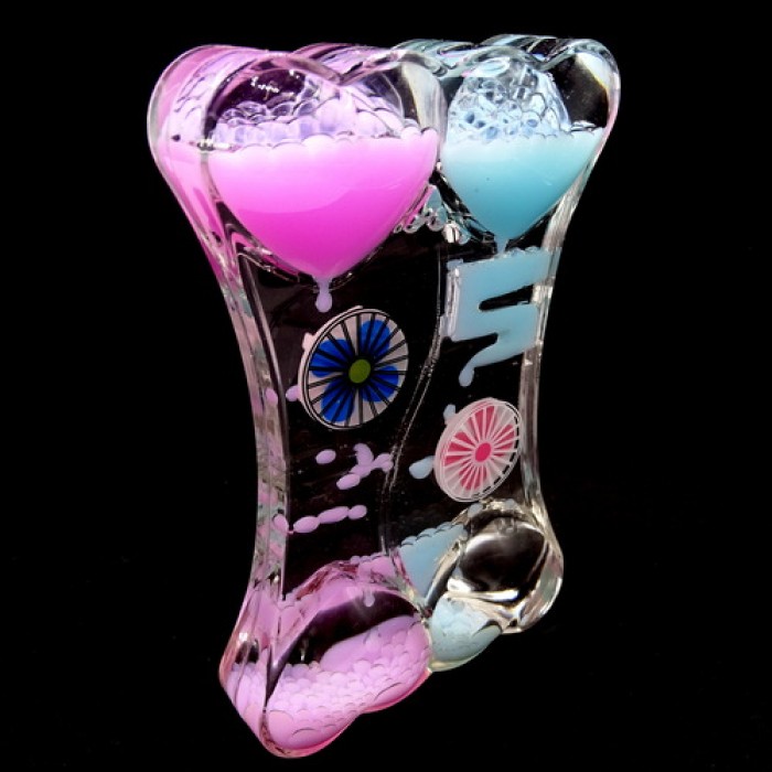 Hourglass antistress two-color oil in the form of a double heart inside a colored gel and multi-colored floating fish. Size: 14*9cm