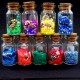 Glass bottle size: height 4cm, diameter 2.2cm, inside colored sand with sparkles and natural shell.