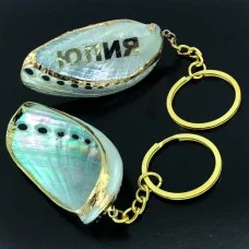 Shell keychain holiotis pulcherina polished in gold edging.Names
