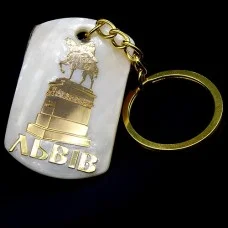 Lviv keychain cut from natural mother-of-pearl shell