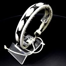 Triple white leather bracelet with colored weaving, universal size: 18cm+
