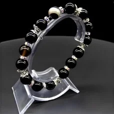 Elastic band bracelet made of natural stone "Black agate" metal fittings in silver, rondel with rhinestones-8mm beads diameter: 10mm, size: 19cm+