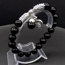 Bracelet Scales with a pendant made of natural stone "Black agate" with an elastic band, silver metal fittings, bead diameter: 10mm, size: 19cm+
