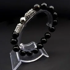 Bracelet Scales made of natural stone "Black Agate" with an elastic band, silver metal fittings, bead diameter: 10mm, size: 19cm+