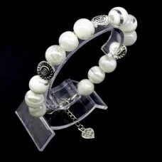 Glass beads bracelet. Diameter -12mm, color-white. The basis of the bracelet is a double strong fishing line with a lock, accessories - metal in silver, girth: 20cm+