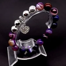 Bracelet with elastic band made of natural stone "Purple Agate" with a pendant, silver-tone metal fittings. Bead diameter: 10/10mm, girth: 19cm+