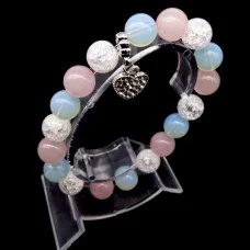 Elastic band bracelet made of natural stone "Moonstone, Rose Quartz, Rock Crystal" with a pendant, silver-tone metal fittings. Bead diameter: 10mm, girth: 18cm+