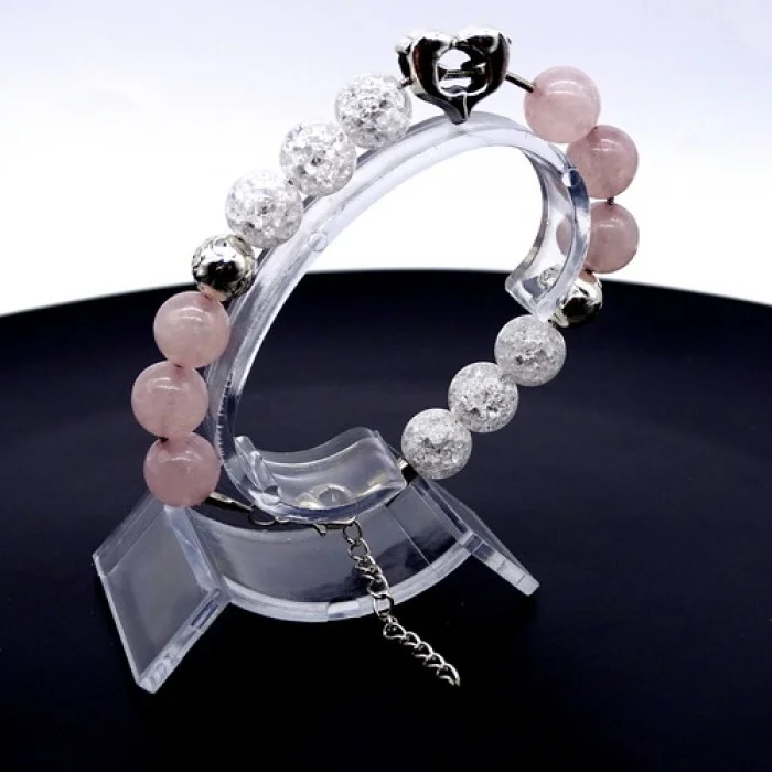 Bracelet made of natural stone *Rose quartz-rock crystal* metalized thread base. Bead diameter: 10mm, girth: 19cm+