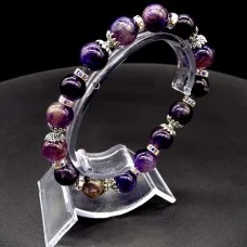 Elastic band bracelet made of natural stone "Amethyst" metal fittings in silver, rondel with rhinestones-8mm beads diameter: 10mm, size: 19cm+