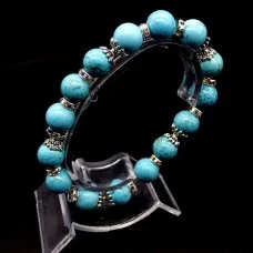 Elastic band bracelet made of natural stone "Turquoise" metal fittings in silver, rondel with rhinestones-8mm beads diameter: 10mm, size: 19cm+