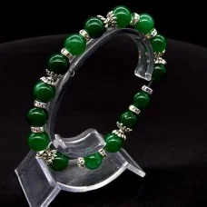 Elastic band bracelet made of natural stone "Nephritis" metal fittings in silver, rondel with rhinestones-8mm beads diameter: 10mm, size: 19cm+