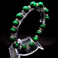 Elastic band bracelet made of natural stone "Malachite" metal fittings in silver, rondel with rhinestones-8mm beads diameter: 10mm, size: 19cm+