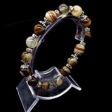 Elastic band bracelet made of natural stone "Onyx" metal fittings in silver, rondel with rhinestones-8mm beads diameter: 10mm, size: 19cm+