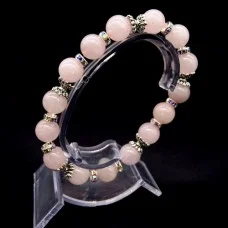 Elastic band bracelet made of natural stone "rose quartz" metal fittings in silver, rondel with rhinestones-8mm beads diameter: 10mm, size: 19cm+