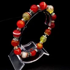 Elastic band bracelet made of natural stone "Sardonyx" metal fittings in silver, rondel with rhinestones-8mm beads diameter: 10mm, size: 19cm+