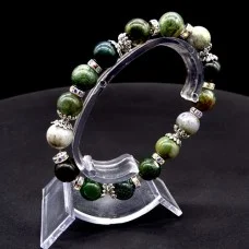 Elastic band bracelet made of natural stone "Green jasper" metal fittings in silver, rondel with rhinestones-8mm beads diameter: 10mm, size: 19cm+
