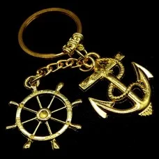 Sea world keychain in the form of a steering wheel and anchor, metal color gold, size: length-11cm, pendant: 3.6/3.3cm-4/2.9cm