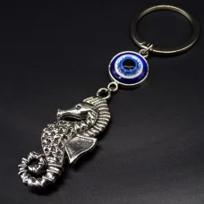 Keychain amulet Eye of Fatima in the form of a seahorse, metal color silver, size: length-10cm, pendant-4.6/2cm