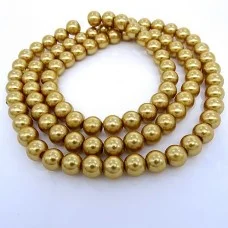 Glass pearl effect beads, glossy round, color: Bronze, diameter: 10mm, thread about 90pcs(+-), length 80-81cm(+-)
