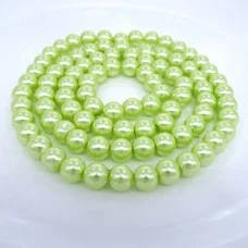 Pearl-like glass beads, glossy round, color: light green, diameter: 10mm, thread about 90pcs(+-), length 80-81cm(+-)