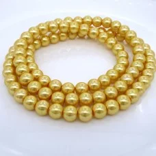 Glass pearl effect beads, glossy round, color: Golden, diameter: 10mm, thread about 90pcs(+-), length 80-81cm(+-)
