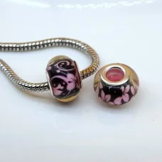 Charms Eurobeads Acrylic, Silver brass insert, Rondelle, Colour: Pink , Size: 14x9mm, Hole 5mm