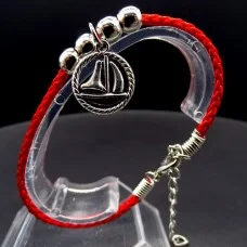 Bracelet red thread amulet against the evil eye with a pendant *sailboat* metal color: silver, eco-silk thread with carabiner, length: 18cm + 4cm