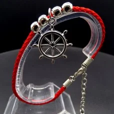 Bracelet red thread amulet against the evil eye with a pendant *Steering wheel* metal color: silver, eco-silk thread with carabiner, length: 18cm + 4cm