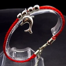 Bracelet red thread amulet against the evil eye with a pendant * Dolphin * metal color: silver, eco-silk thread with carabiner, length: 18cm + 4cm