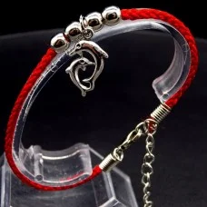 Bracelet red thread amulet against the evil eye with a pendant * two dolphins * metal color: silver, eco-silk thread with carabiner, length: 18cm + 4cm