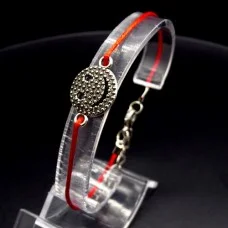 Charm bracelet red thread "smiley" metal color: silver, size: 17-18cm+4