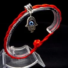Bracelet red thread amulet against the evil eye with a pendant with rhinestones *Hand of Fatima* metal color: silver, size: universal 12-19cm