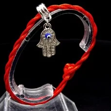 Bracelet red thread amulet against the evil eye with a pendant with rhinestones *Hamsa - Hand of Fatima* metal color: silver, size: universal 12-19cm