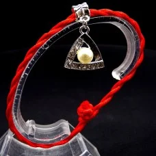 Bracelet red thread amulet against the evil eye with a pendant with rhinestones *Triangle with pearl* metal color: silver, size: universal 12-19cm