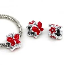 Bead "Charm" Butterfly Red, Enamel, Metal Color Silver, Size: 11x9mm, Hole 5mm