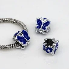 Bead "Charm" Butterfly with Blue Enamel, Metal Color Silver, Size: 11x9mm, Hole 5mm