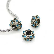 Euro Bead Charms Metal and Rhinestones, Cylinder, Metal Color: Antique Silver, Rhinestone Color: Blue, Size: 12x7mm, Hole 5mm