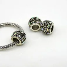 Euro Bead Charms Alloy + Rhinestones, Barrel, Colour: Antique Silver, Rhinestone Color: Crystal, Size: 10x8mm, Hole: 5mm