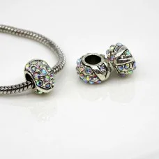 Euro Bead Charms Alloy + Rhinestones, Barrel, Colour: Antique Silver, Rhinestone Color: Crystal, Size: 11x7mm, Hole: 5mm