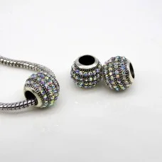 Euro Bead Charms Alloy + Rhinestones, Barrel, Colour: Antique Silver, Rhinestone Color: Crystal, Size: 12x10mm, Hole: 5mm
