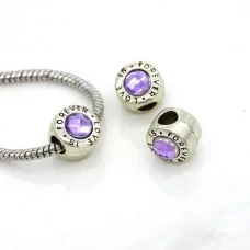 Euro Bead Charms Alloy + Rhinestones, Color: Antique Silver, Rhinestone Color: Lilac, Size: 11x7mm, Hole: 4mm